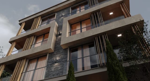 Cephe yakın çekim — bronz sırıklar ve doğal taş